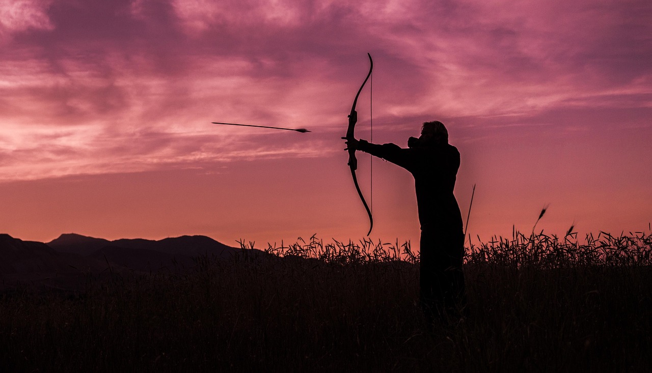 Archer, archery, sunset, arrow, bow, target, aiming, sport, weapon, accuracy, hunter, aim, shooting, precision, young, hunt, skill, icon, nature, person, man, shot, active, athlete, training, bowman, 