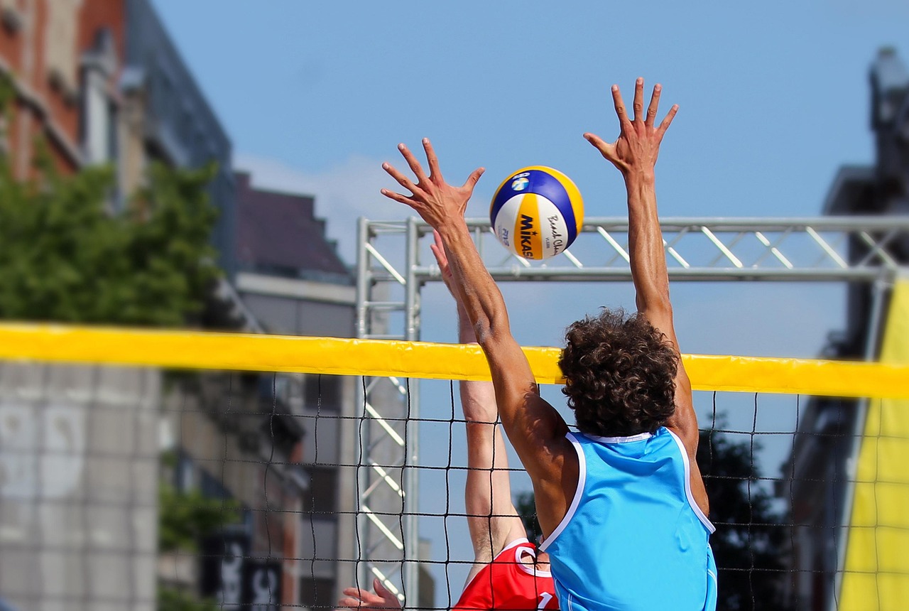Beach volleyball, nature, block, player, ball, volleyball net, attack, sport, volleyball, ball sports, beach, playing field, play, competition, tournament, sporty, athlete, jump