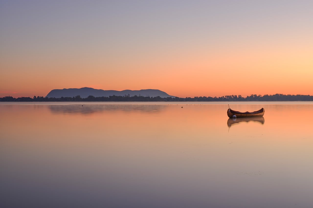 Sunrise, quebec, lake, water, outdoors, boat, calm, morning, nature, reflection, sky, scenic, morning calm, silence, lonely, canoe, pond, light reflection, calm water, beautiful landscape, geographic 