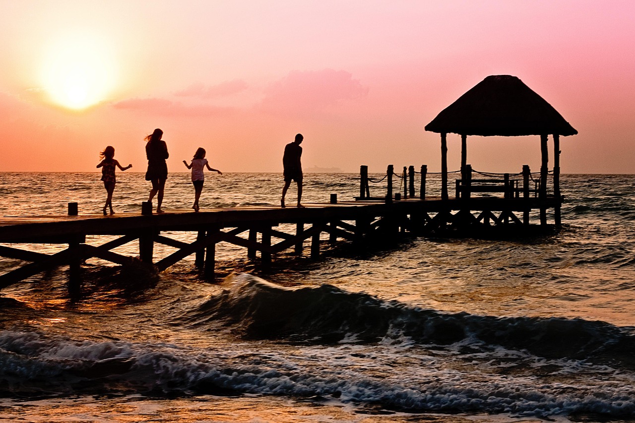 Family, children, woman, man, happy, ocean, holiday, pier, nature, silhouette, sunrise, beach, dock, brown beach, brown happy, brown sea, brown sunrise, brown ocean, brown happiness
