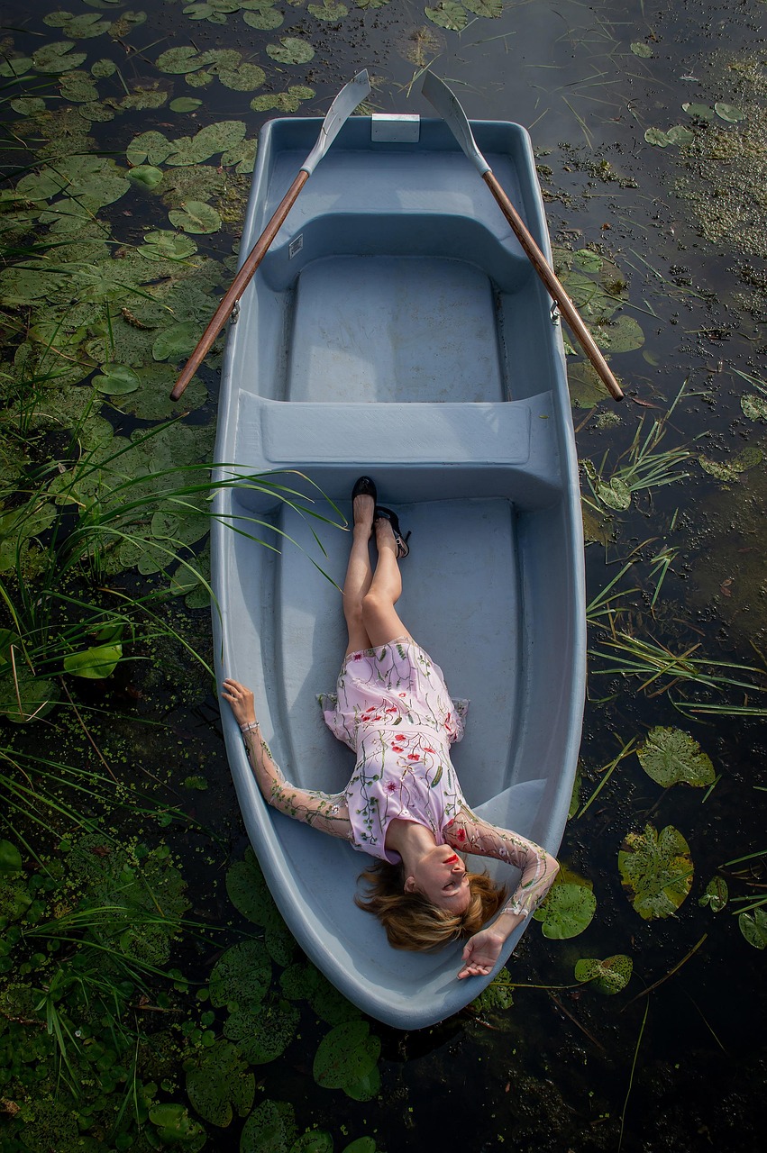 Boat, river, woman, young, lake, water lilies, water, harmony, young woman, summer, lie, nature, paddles, the girl in the boat, girl in a boat on the lake, photo session in a boat, twilight, the girl