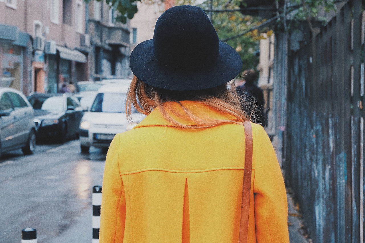 Woman, back, hat, coat, yellow coat, trench coat, fashion, style, stylish woman, young, walking, city, urban, female, street, outdoors, back, back, coat, coat, coat, coat, coat, trench coat, walking, 