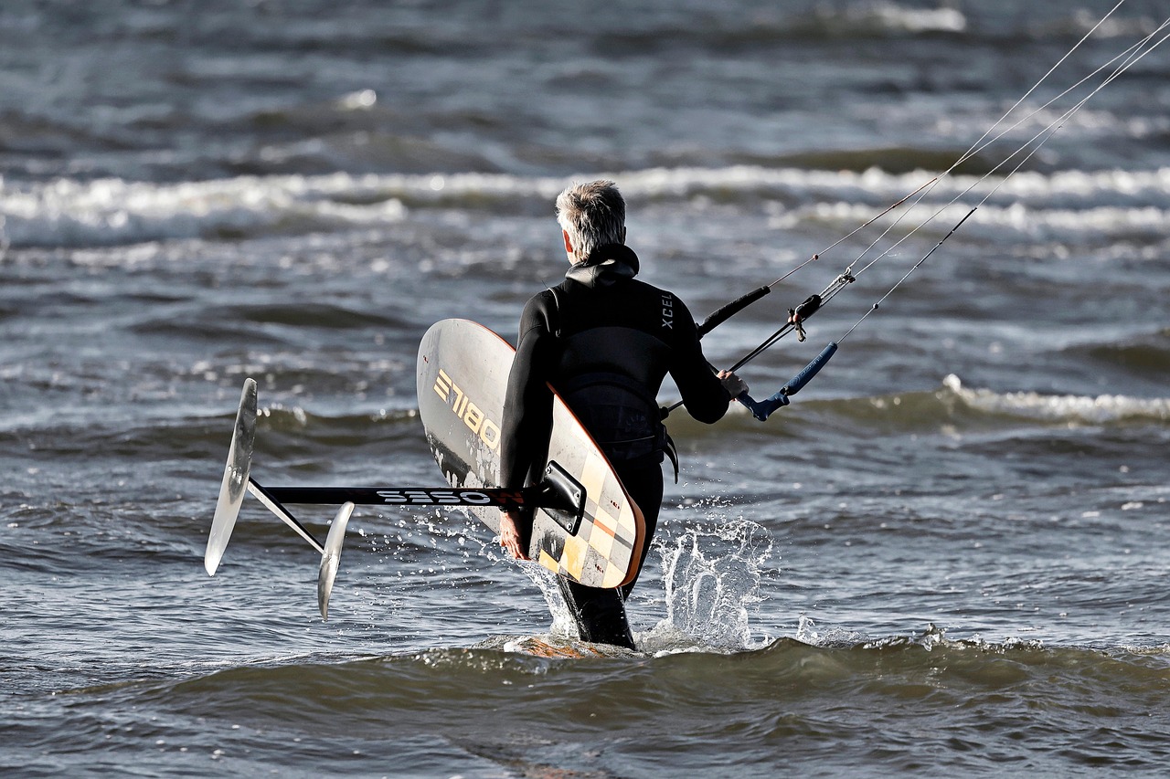 Foilboard, hydrofoil, kitesurfer, rider, nature, sea, water, lines, bar, surfboard, waves