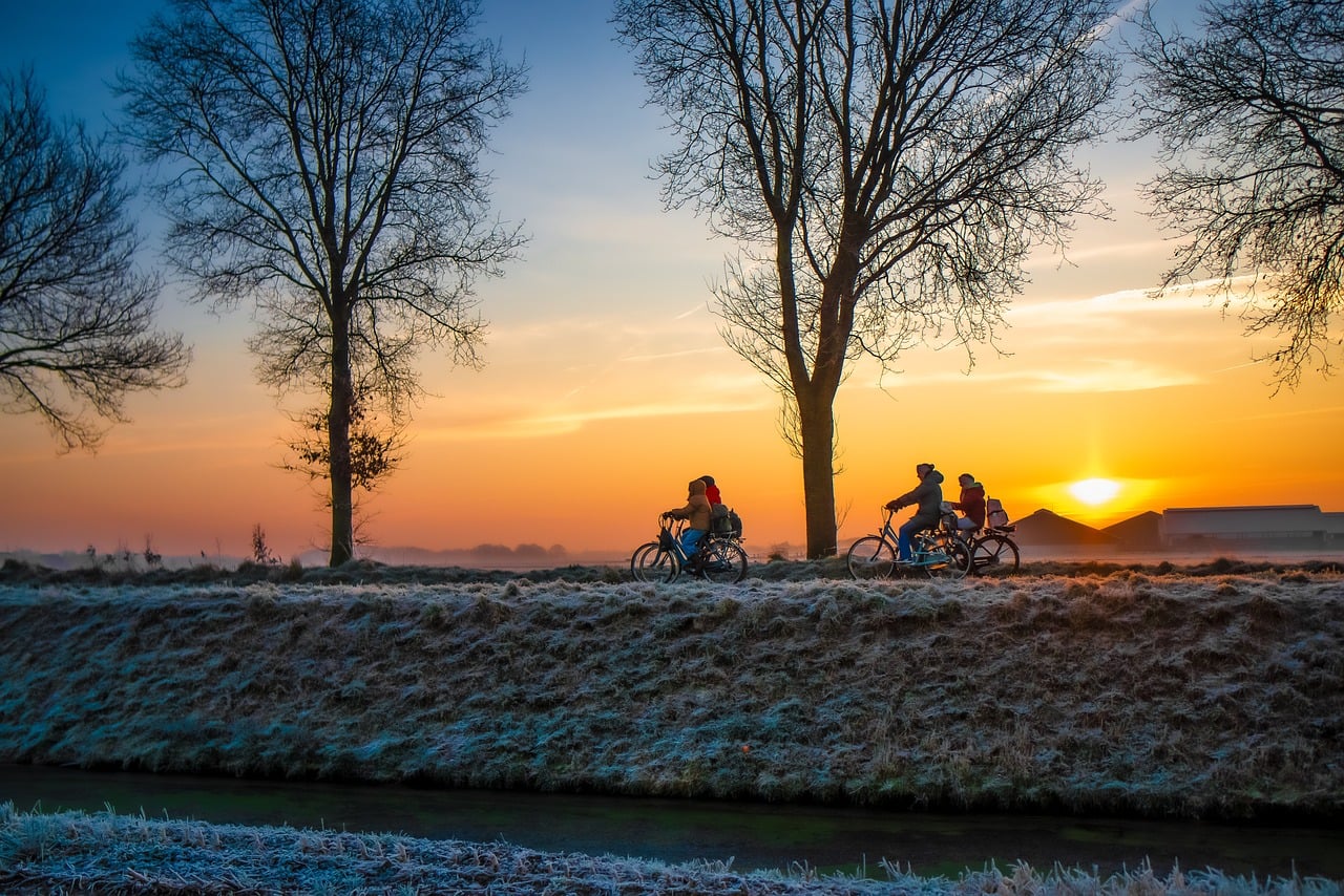 Cycling, students, sunrise, netherlands, nature, landscape