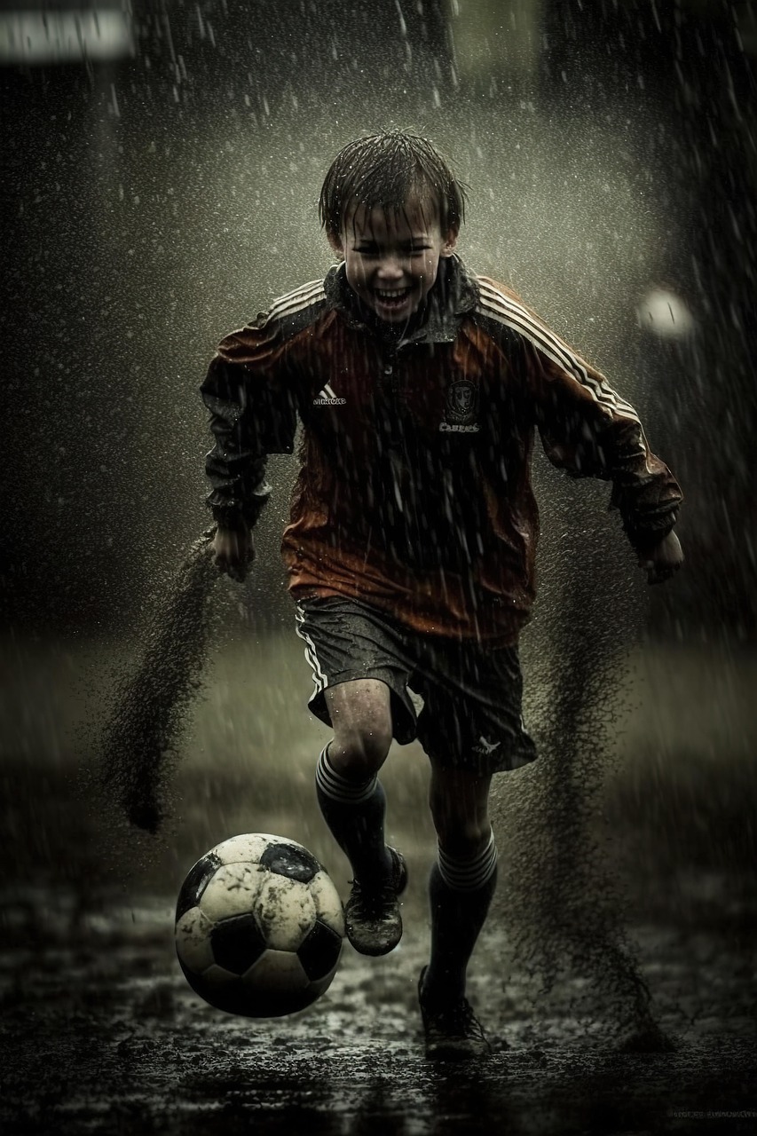 Football, rain, nature, happy, game, cute, child, sports, athlete