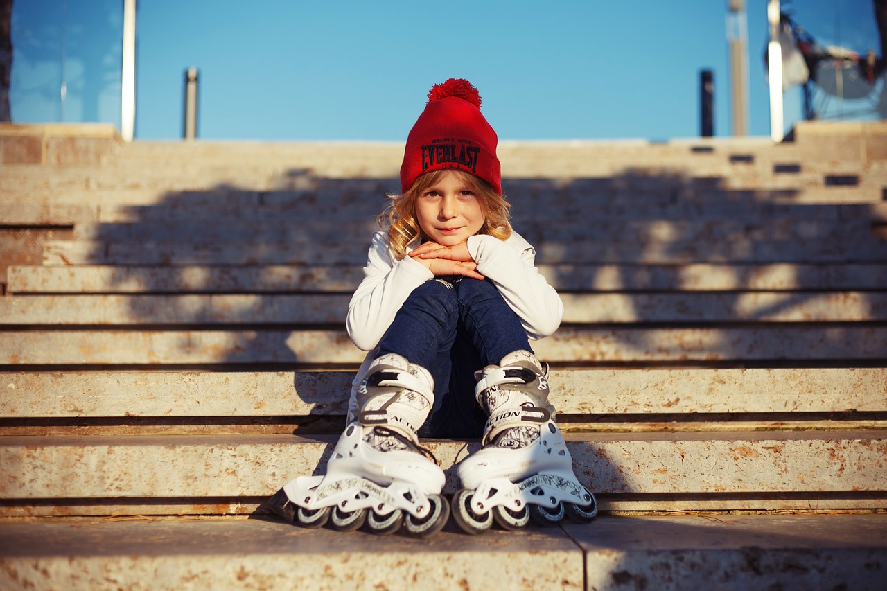 Kid, roller skates, stairs, girl, child, childhood, summer, day, cap, jacket, blazer, nature, outdoor, park, fall, autumn, blonde, curls, cute