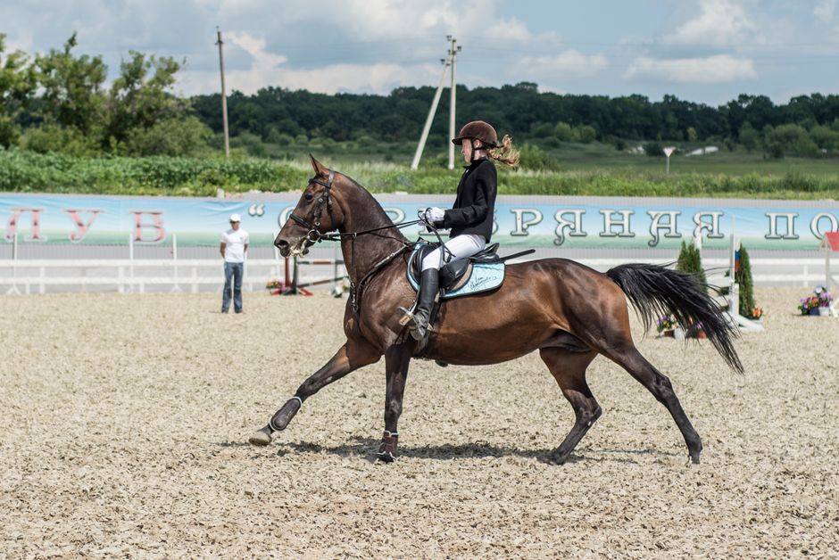 Elegant woman riding a horse in an outdoor equestrian competition, showcasing skill and grace.