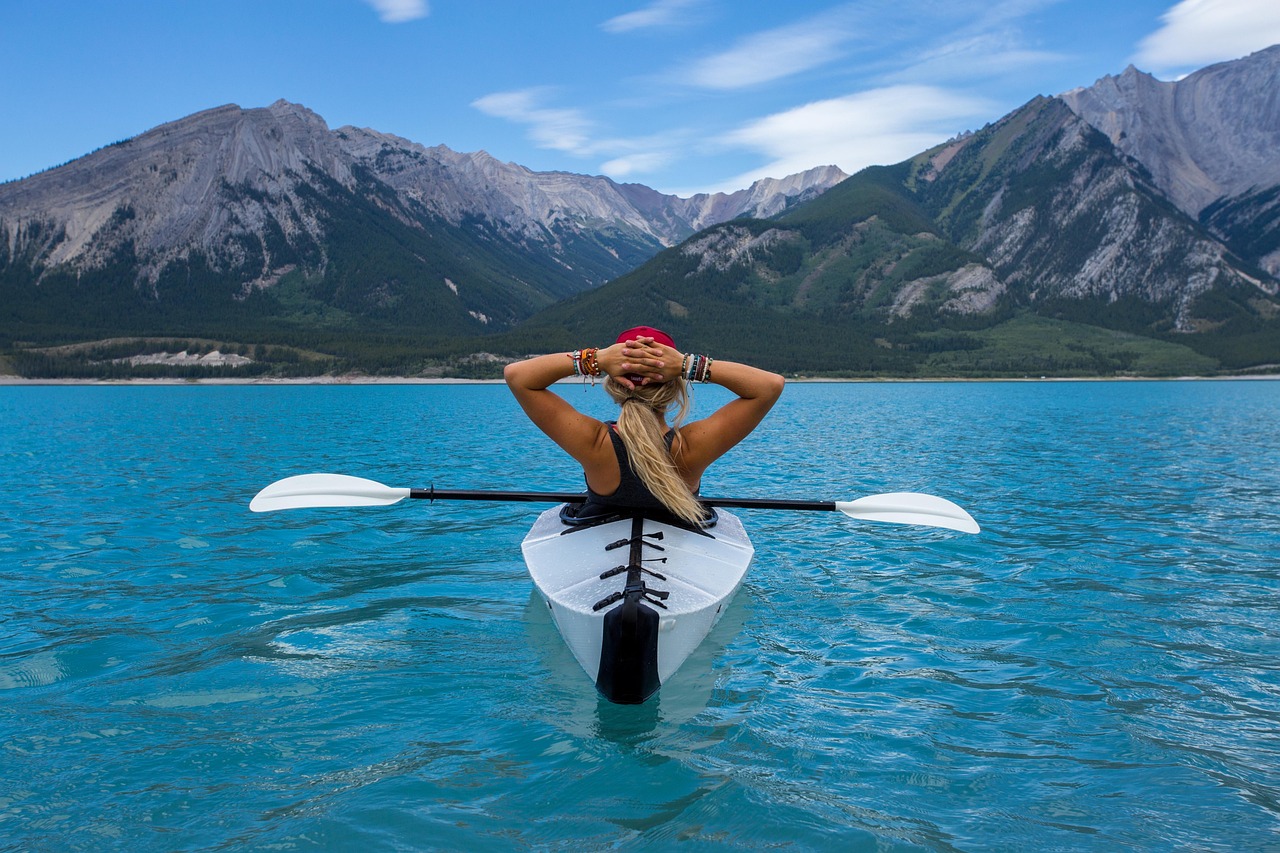 Woman, paddle, kayak, canoe, kayaking, canoeing, relax, water sports, boat, mountains, lake, adventure, exercise, female, landscape, leisure, nature, ocean, outdoors, recreation, relaxation, scenic, s