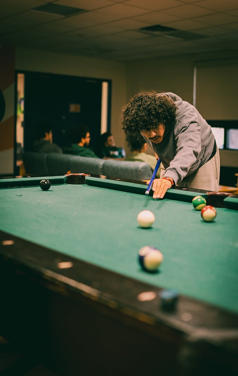 Pool, gameroom, college, billiards, 8-ball, play, balls, game
