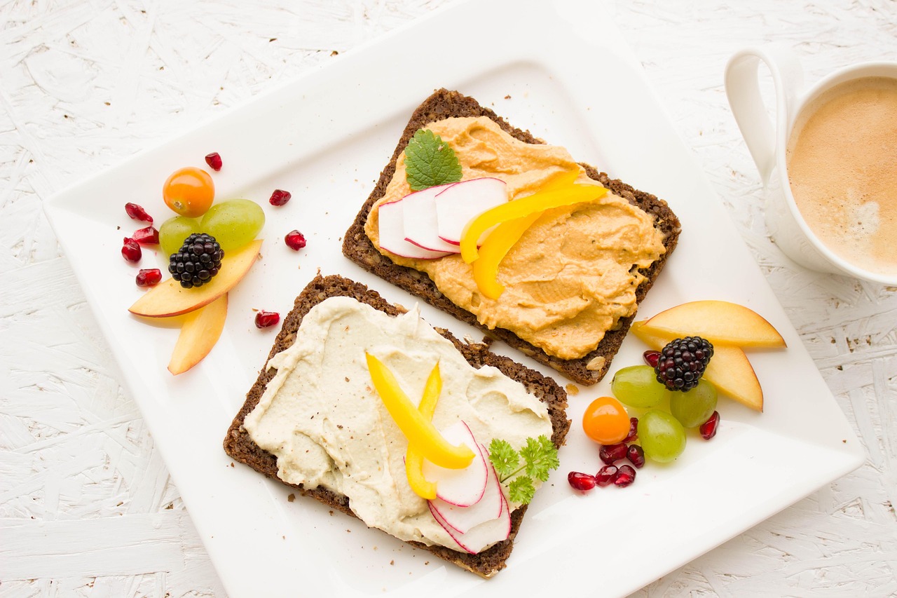 Breakfast, healthy, hummus, spread, whole wheat bread, whole wheat, vegan, vegetarian, nutrition, delicious, dish, meal, eat, plate, tasty, food, vitamins, fruits, morning, diet, flat lay, composition