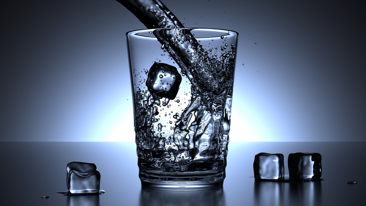 Glass, water, ice cubes, drink, cold, blue, nature, glass of water, cold water, cold drink, refreshment, pour, pouring, pouring water