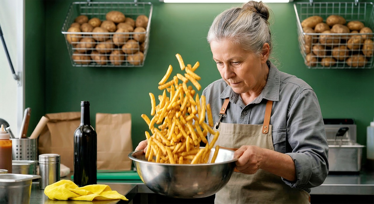 Woman, senior, chef, to cook, fries, p, food, kitchen, preparation, potatoes, restaurant, apron, come, throw, movement, fresh, golden brown, lovely, professional, culinary, ai generated