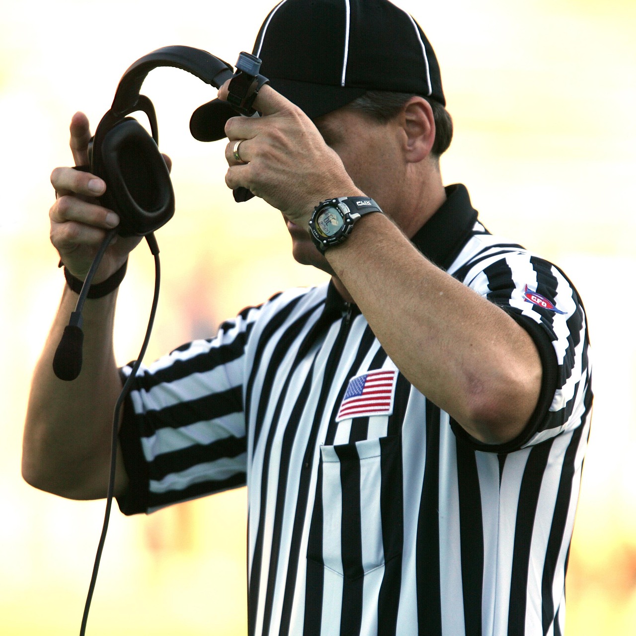 Football, american football referee, referee, football official, communications, instant replay, official, competition, sport, judge, uniform, decision, game, stripes, justice, fair, striped, male, at