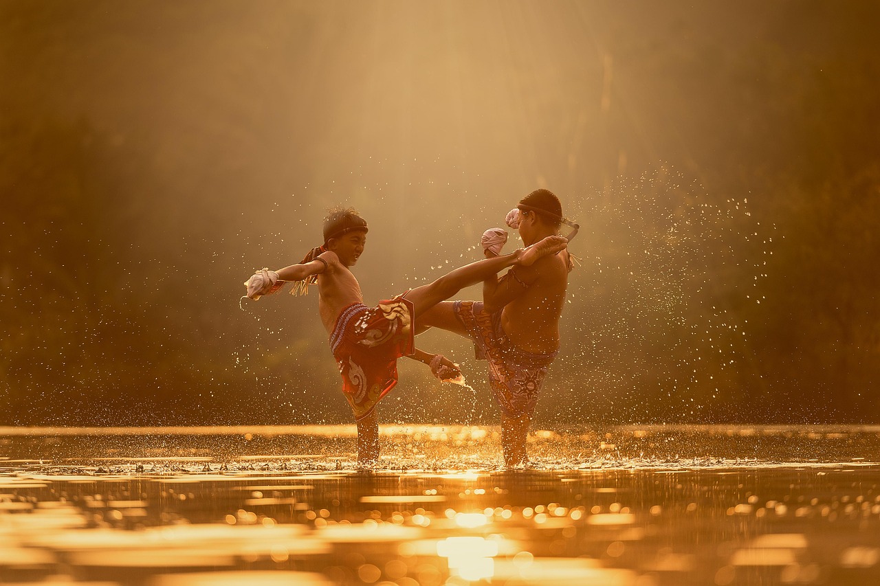 Children, river, attack, martial arts, nature, boxing, boys, exercise, kick, kickboxing, fighting, thai boxing, splash, sports, asia, thailand, training, water