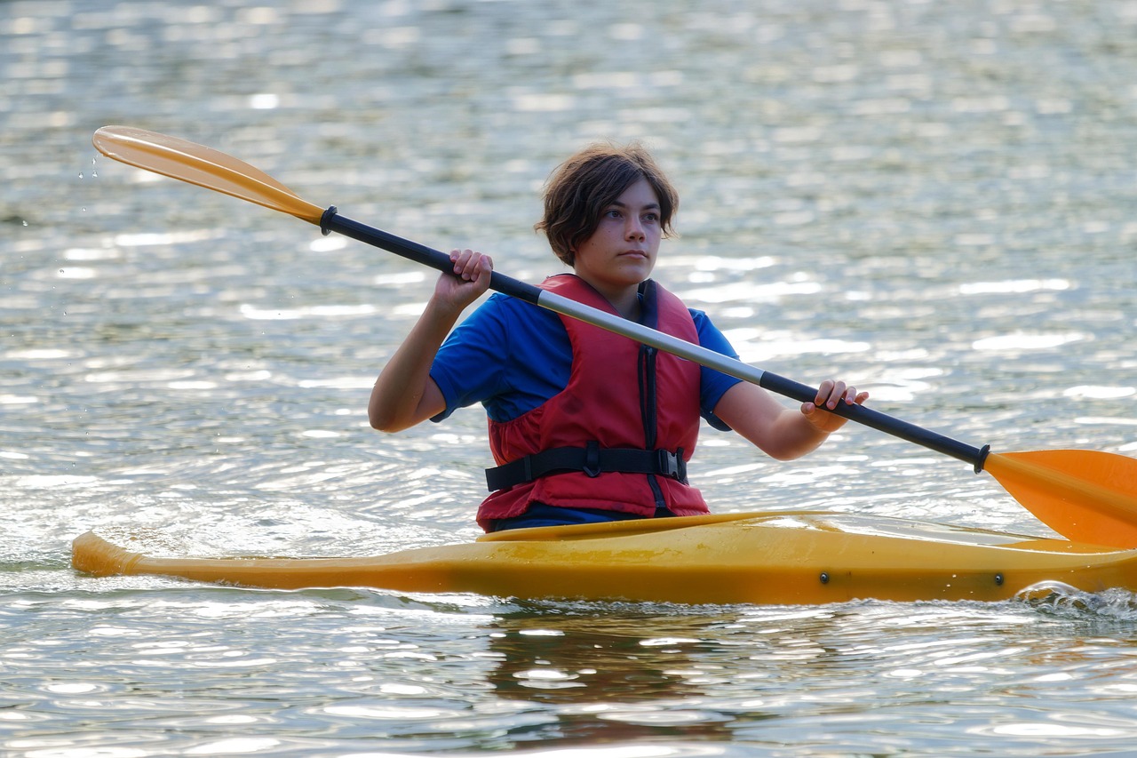 Boy, kayaking, nature, rowing, lake, canoe, kayak, canoeing