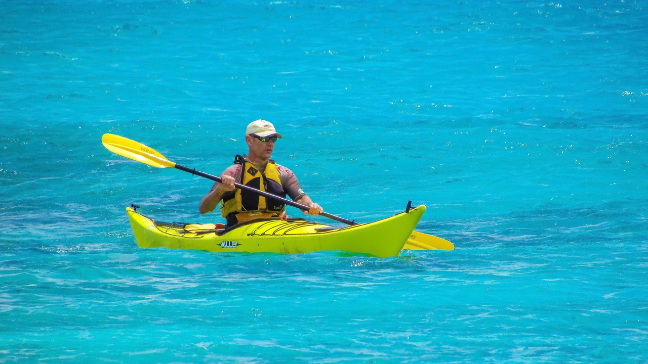 Water, ocean, canoe, sea, summer, kayak, leisure, fun, turquoise, nature, recreation, sport, athlete, lifestyle, active, action, activity, man, athletic