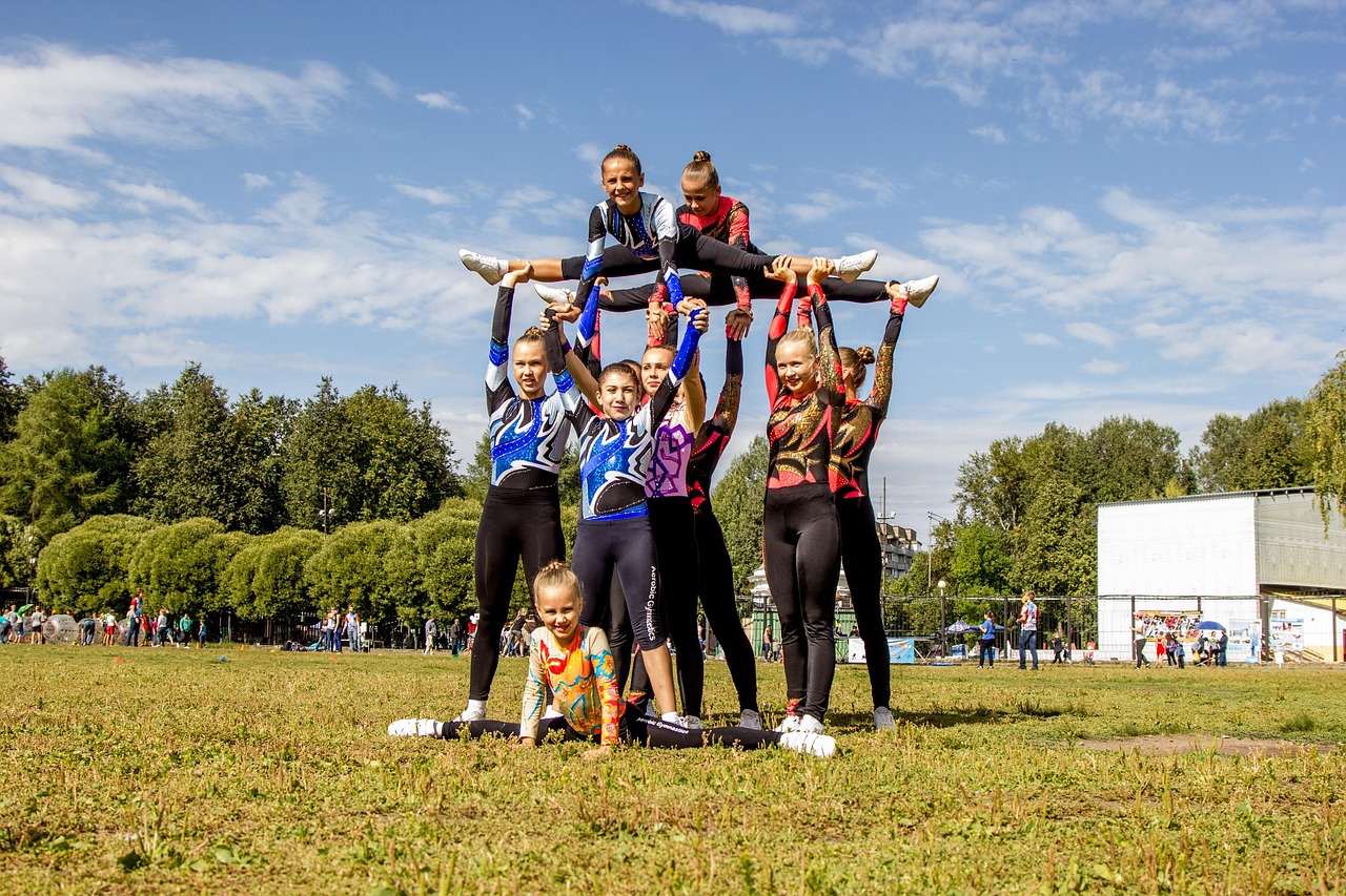 Cheerleading, girls, kids, sports, stadium, nature, summer, health, lawn