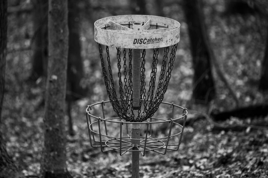Monochromatic image of a disc golf basket set in a forested area, captured with a Canon EOS 6D.