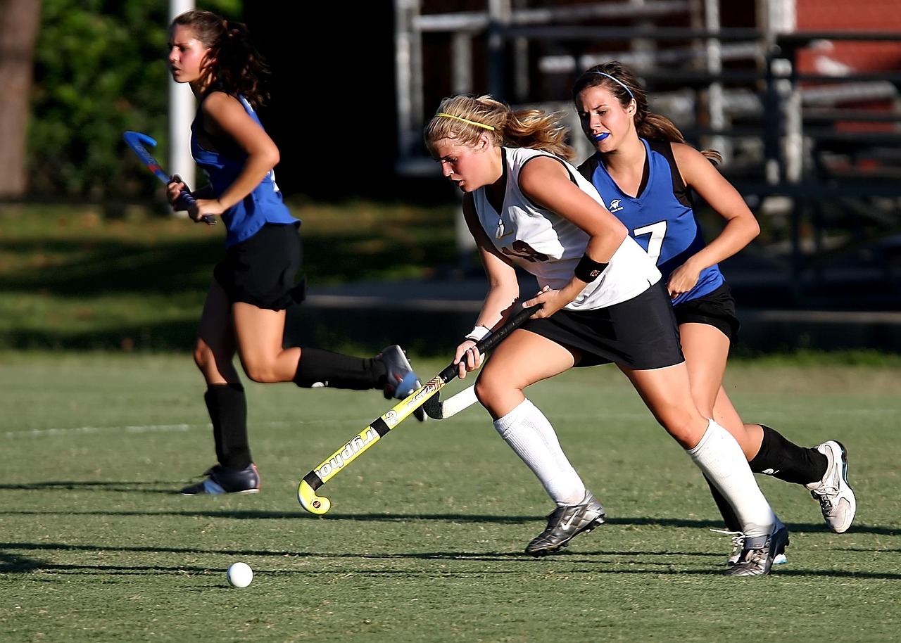 Field hockey, player, girls, game, sport, action, athlete, athletic, competition, hockey stick, ball, stick, field, legs, competitive, match, female, motion, playing, activity, uniform, young, teenage