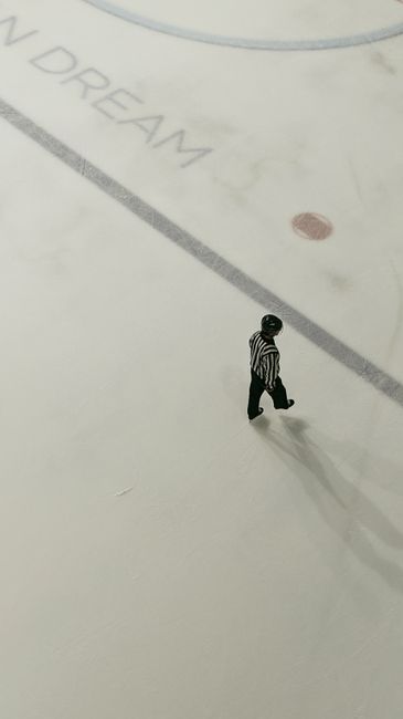 Aerial view of a hockey referee walking on an ice rink, marked with game lines in New Jersey.