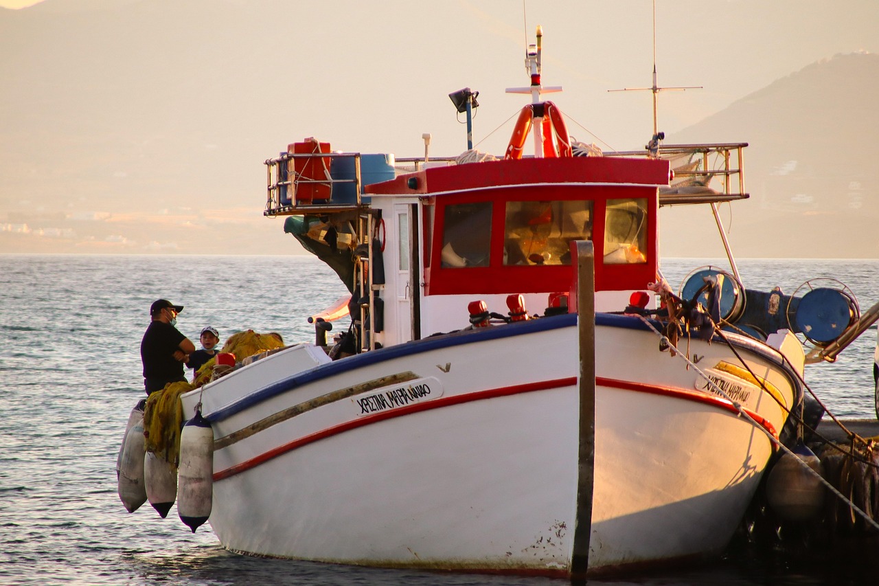 Fishing boat, fisherman, port, sea, greece, cyclades, fishing, professional fisherman, nature, harbor, ocean, sunset, evening mood