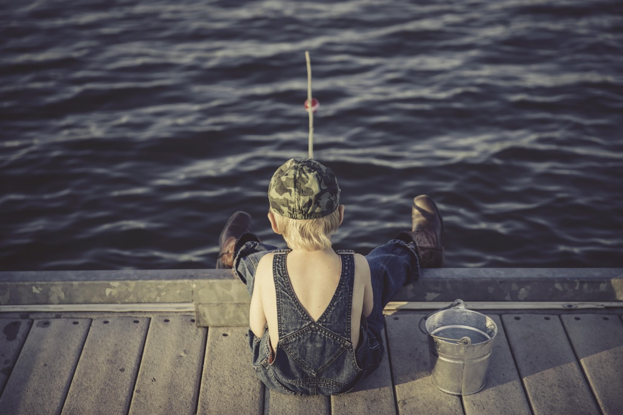 Boy, child, fishing, fishing rod, bucket, fisherman, kid, young, small, childhood, summer, adventure, outdoors, nature, lake, water, overalls, back view