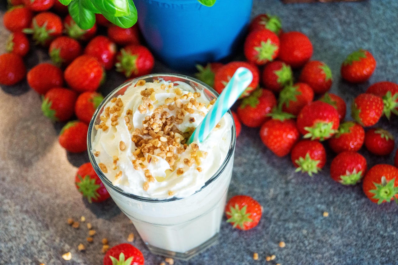 Milkshake, strawberry, cream, dessert, sweet, fruit, strawberries, milk, summer, sugar, shake, fresh, nutrition, protein, fruits, tasty, red, healthy, nature, juicy, diet, food, drinking straw