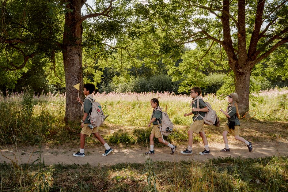 Group of young scouts trekking through a sunny forest trail with backpacks and uniforms.