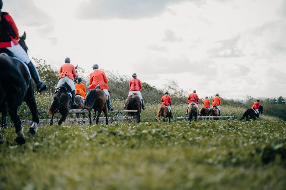 Group of horse riders in red jackets crossing a field, participating in a traditional hunt.