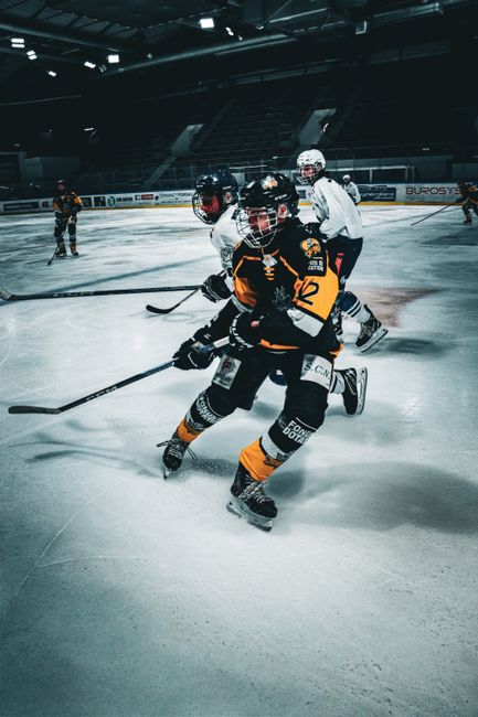 Action-packed ice hockey match with players in motion on the rink.