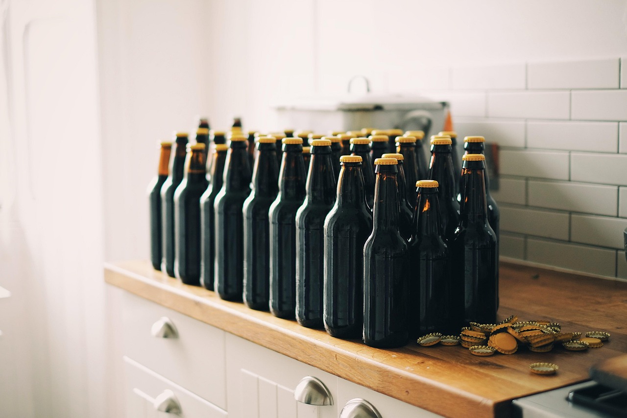 Bottles, beer bottles, bottle caps, beer, drink, beverage, vintage, retro, kitchen countertop, kitchen, beer, beer, beer, beer, beer