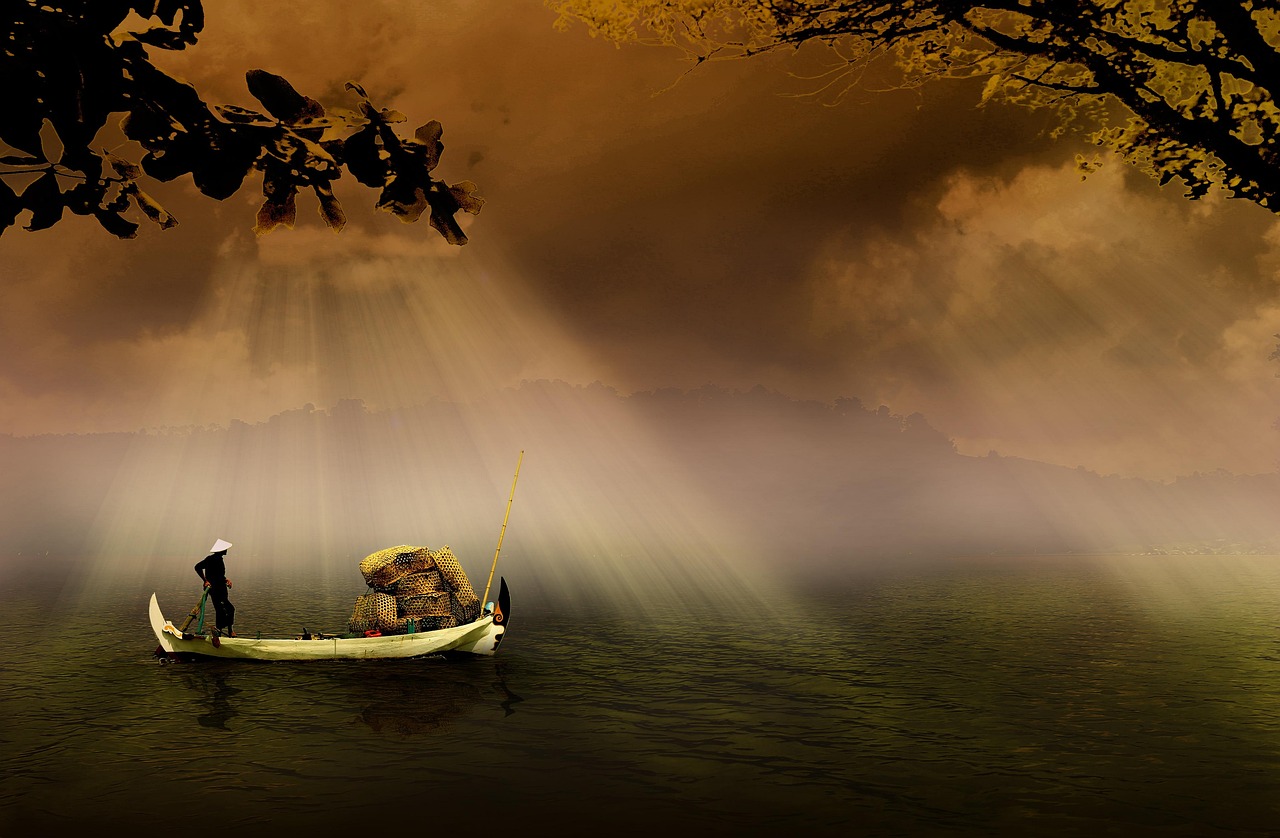 Fisherman, boat, river, fishing boat, fishing, water, sunrays, sunlight, nature, gloomy, countryside, scenery