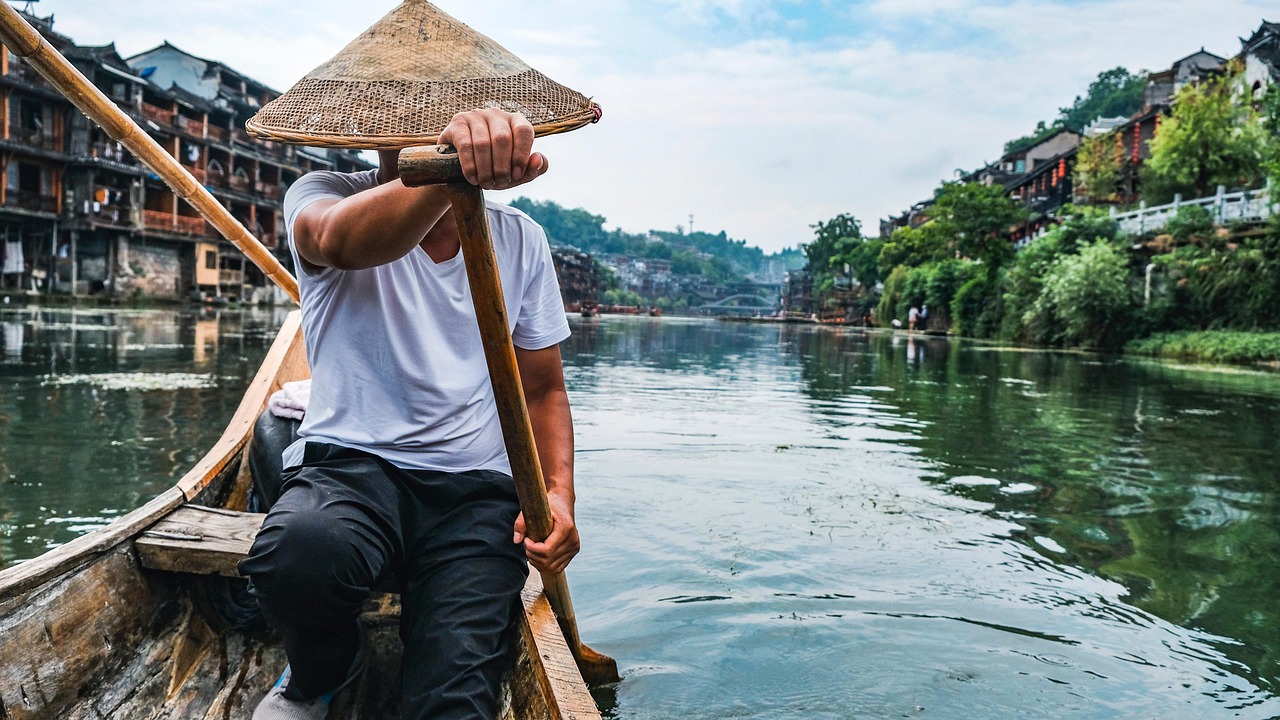 Man, fisher, river, row, rowing, paddle, paddling, ancient town, fenghuang, china, boat, rowing boat, china, china, china, china, china