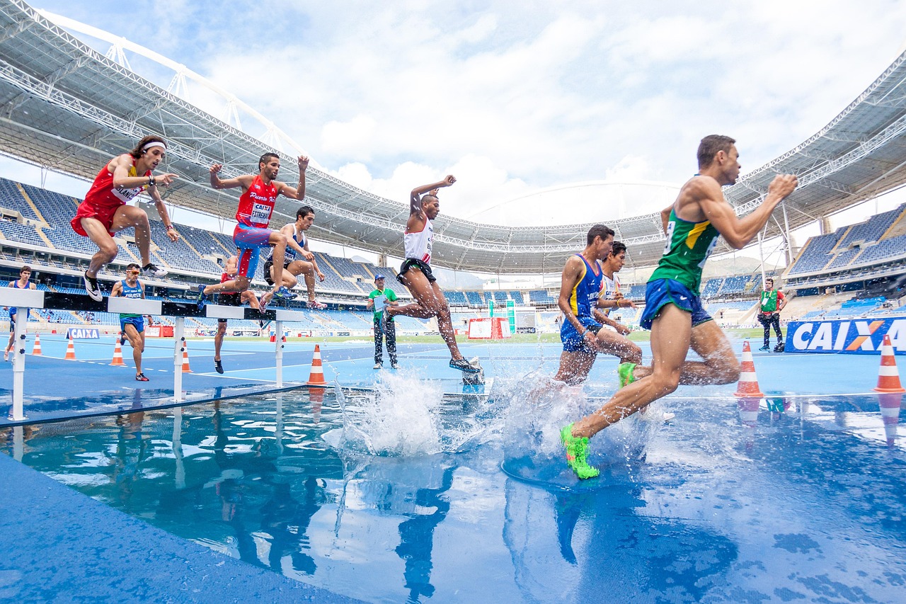 Action, athletes, competition, hurdles, men, nature, people, race, running, splash, sport, stadium, track and field, water, blue water