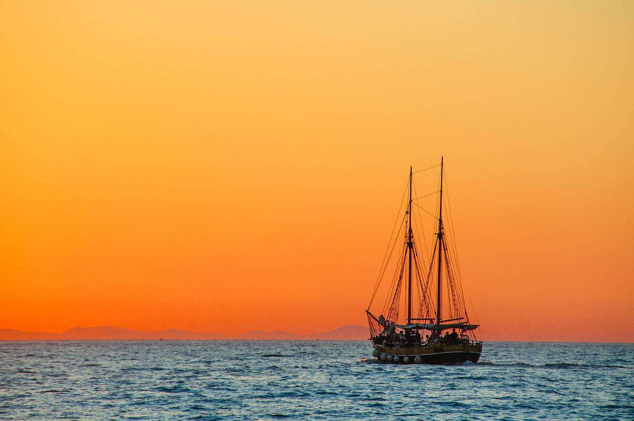 Ship, sea, sunset, windjammer, masts, nature, sailing masts, orange sky, seascape, ocean, vessel, dusk, twilight, sailing vessel, boat, mediterranean, sail, sailing, afterglow, morning, sunrise