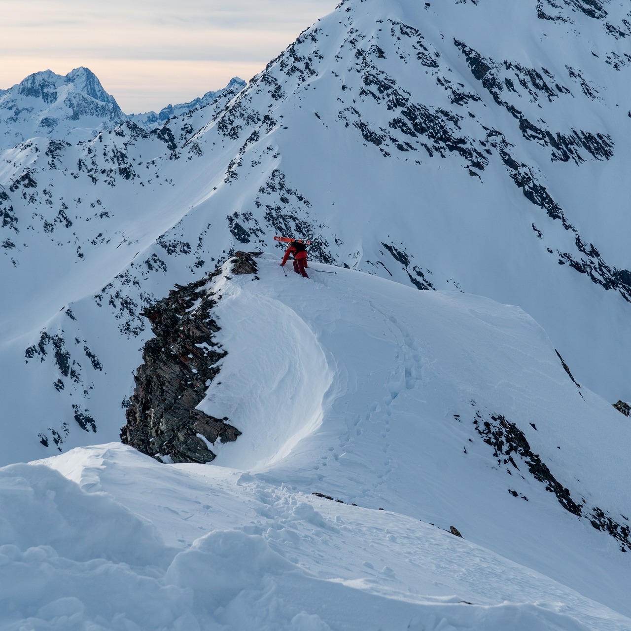 Skiing, walking, sun, sunset, alps, hiking, mountains, nature, sport, walk, sky, skier, following, skies, austria, alpine, mountain, exercise, people, slope, snowboarding, trekking, clouds, cold, blue