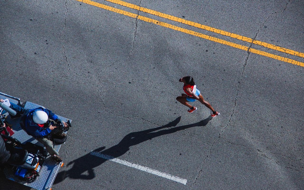 Woman, action, marathon, running, asphalt, athlete, cameraman, championship, runner, competition, pavement, race, road, shadow, sport, sprint, aerial view, aerial photography, marathon, marathon, runn