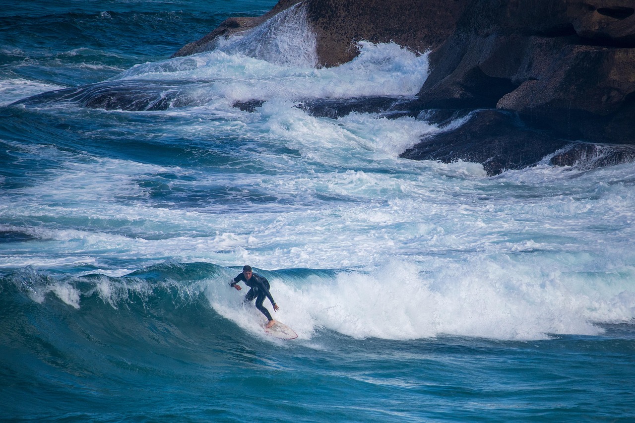 Surfing, waves, sport, surfer, man, nature, action, watersports, riding, wave riding, ocean, surf, seascape, motion, cliffs, crashing