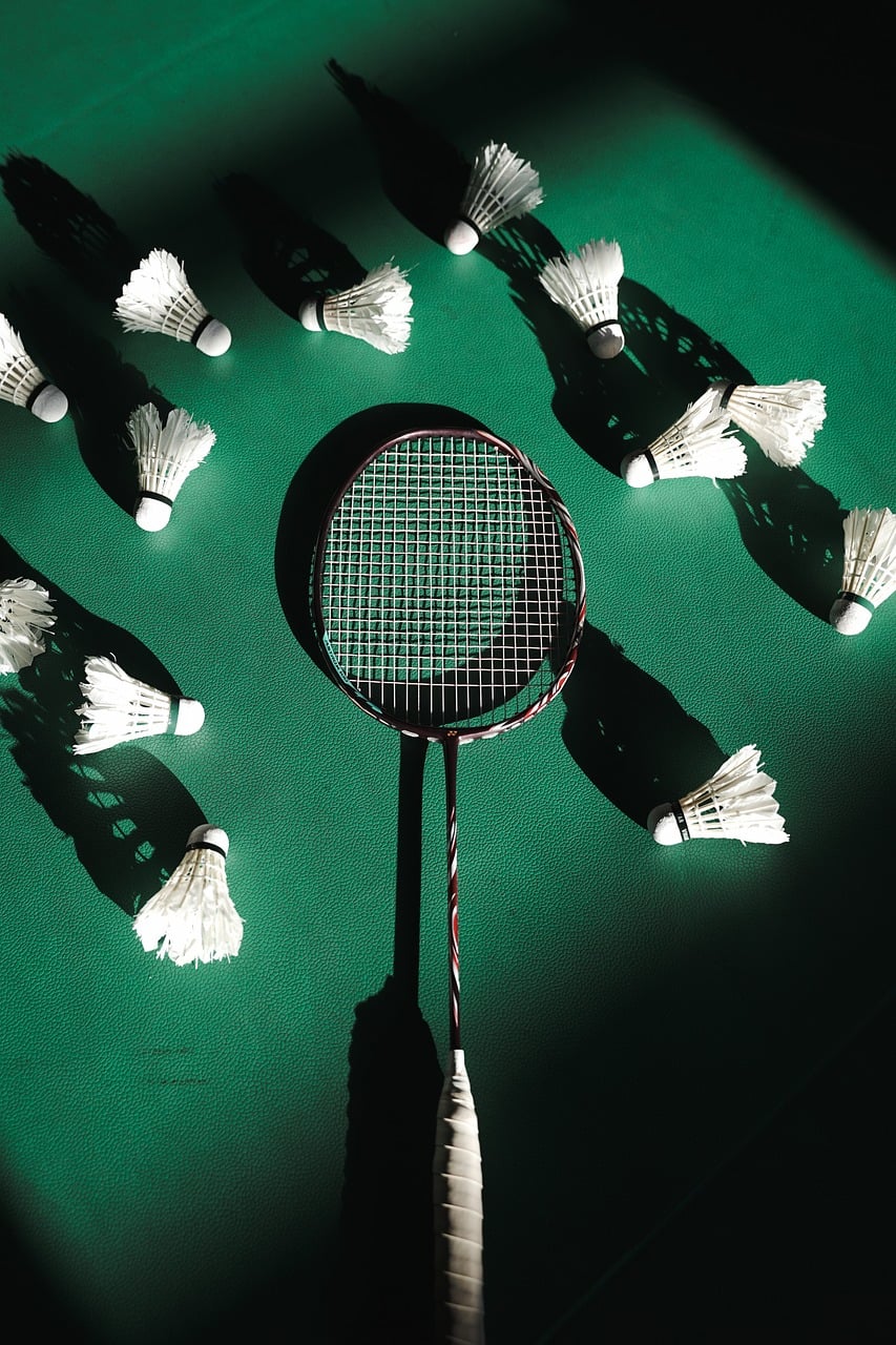 Badminton, racket, sport, game, equipment, hobby, shuttlecocks, indoor, sunlight, morning, court, floor, halflight, afterglow