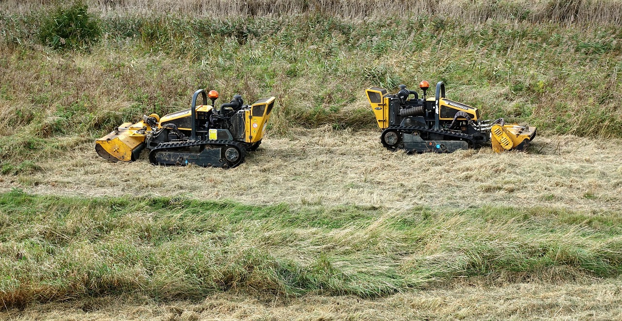 Lawnmower, lawn, mower, grass, cut, cutting, two, pair, twins, mowing, field, mow, equipment, back to back, nature, apart, ignore, yellow, black, caterpillar, track, meadow, cutter, machine, trim, lan