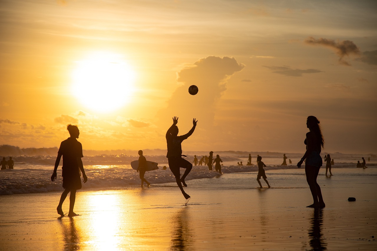 Sunset, volleyball, beach, silhouette, beach volleyball, nature, sport, playing, golden hour, sun, sunlight, coast, shore, seashore, sea, ocean, leisure, vacation, people
