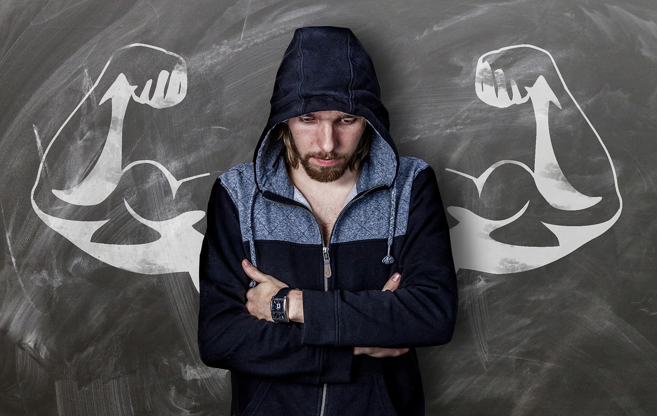 Man, board, drawing, muscles, strong, weak, chalk, disappointment, biceps, hood, disappointed, fitness, muscle, training, hope, pose, power, bodybuilding, poor, hardness, masculine, upper arm, weight 