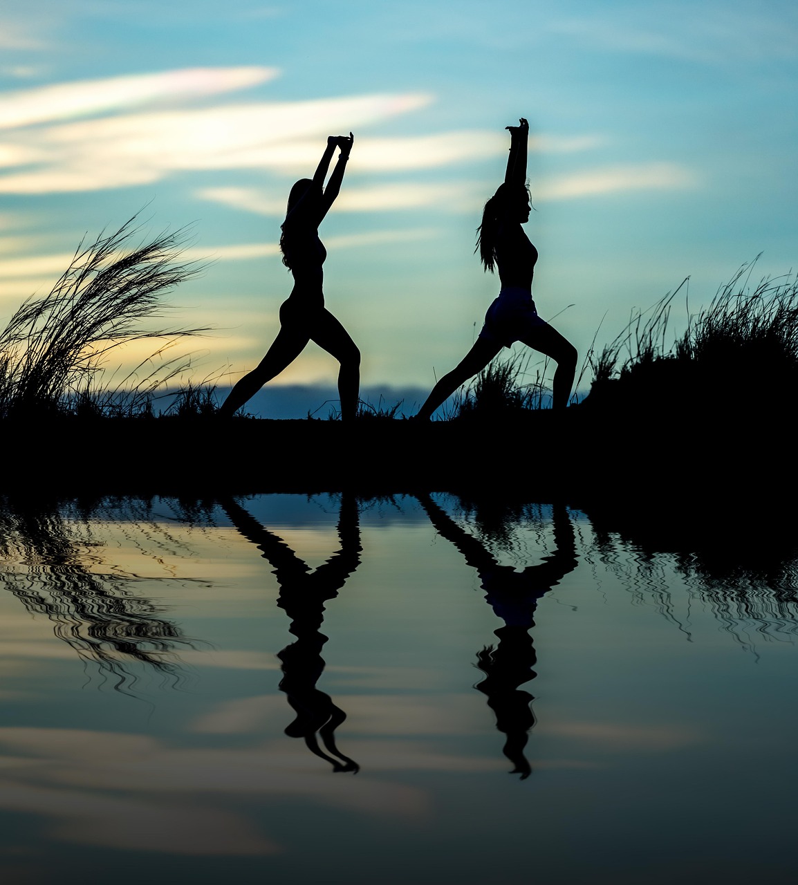 Women, yoga, silhouettes, water, reflection, mirroring, water reflection, pose, posing, yoga pose, meditation, stretching, wellness, well-being, exercise, adults, asia, girls, morning, outdoors, pair,