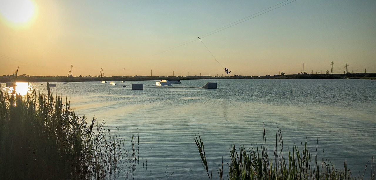 Lake, water, wakeboard, wakeboarding, sport, game, adventure, grass, nature, sunlight, sunrise