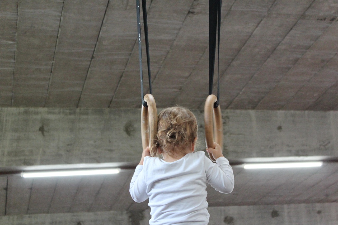 Small child, wrestle, hang, do gymnastics, gymnastics equipment, do gymnastics, do gymnastics, do gymnastics, do gymnastics, do gymnastics