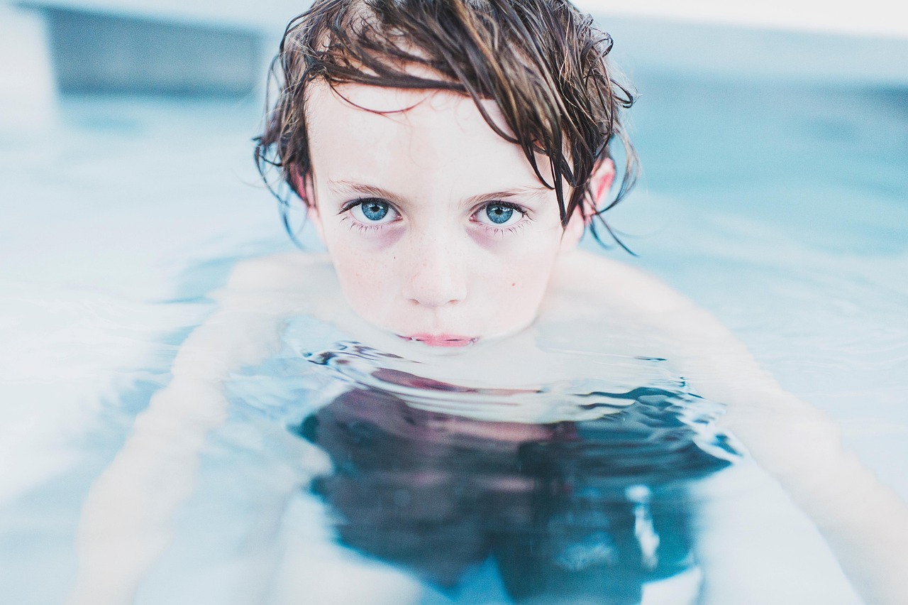 Child, swimming, boy, nature, little boy, clear water, fun, kid, leisure, little, water, wet, swim, swimming pool, pool, blue eyes, youth, childhood, portrait, boy portrait